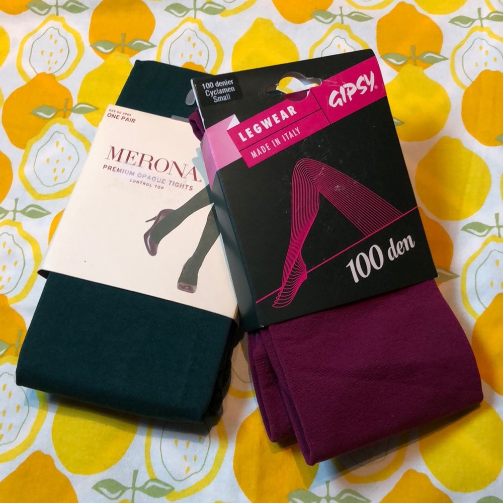 2 pairs of opaque tights - maroon and forest green